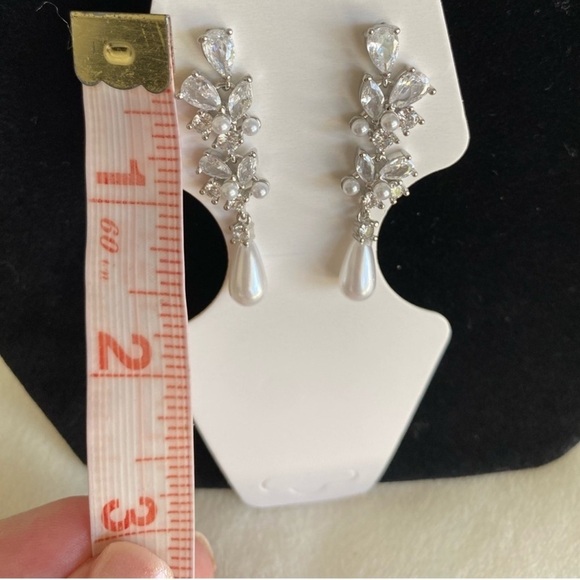 Pearl Diamond Silver Dangle Drop Earrings Bridal - Picture 7 of 8